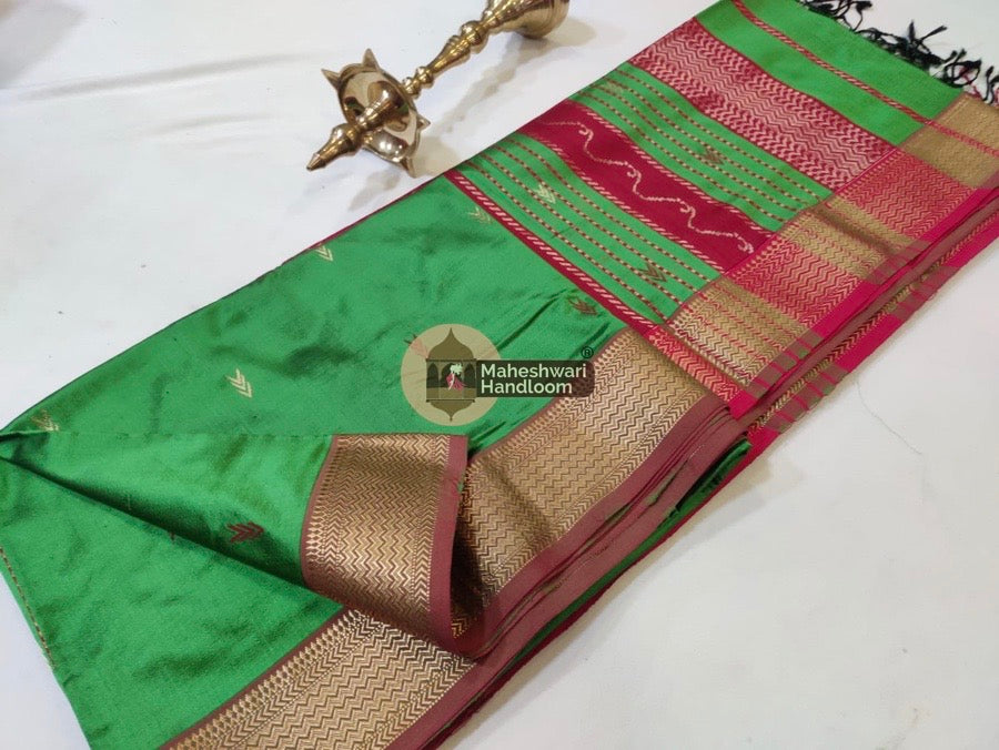 Maheshwari Mehendi Green Pure Mulbury Silk Saree 013