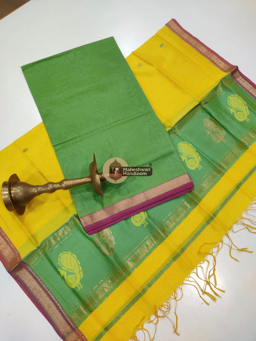 Green Yellow Maheshwari Butta Top Dupatta Suits 