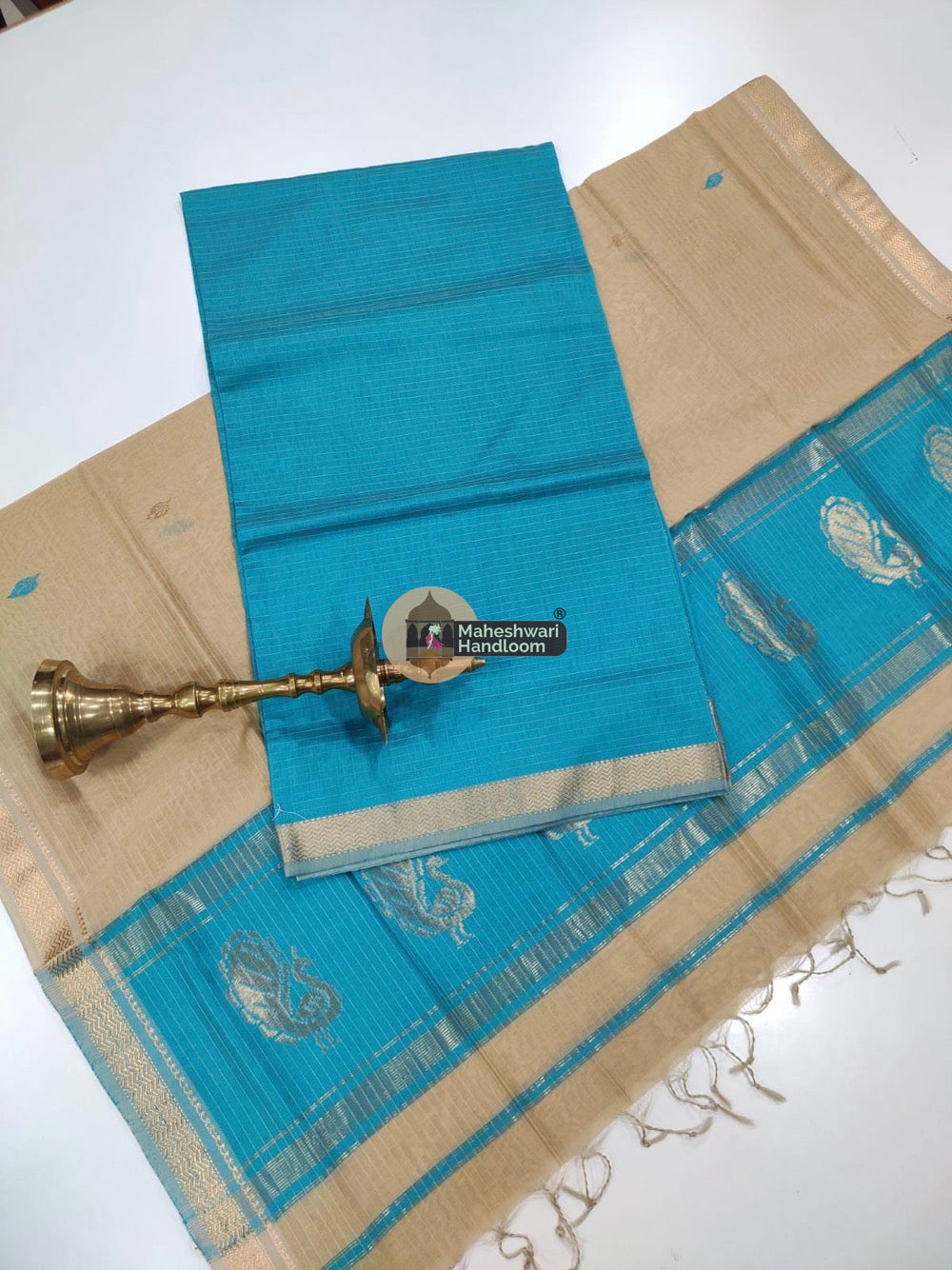 Blue Beige Maheshwari Butta Top Dupatta Suits
