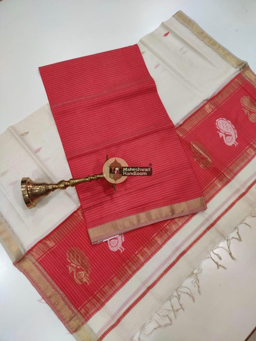 Red White Maheshwari Butta Top Dupatta Suits