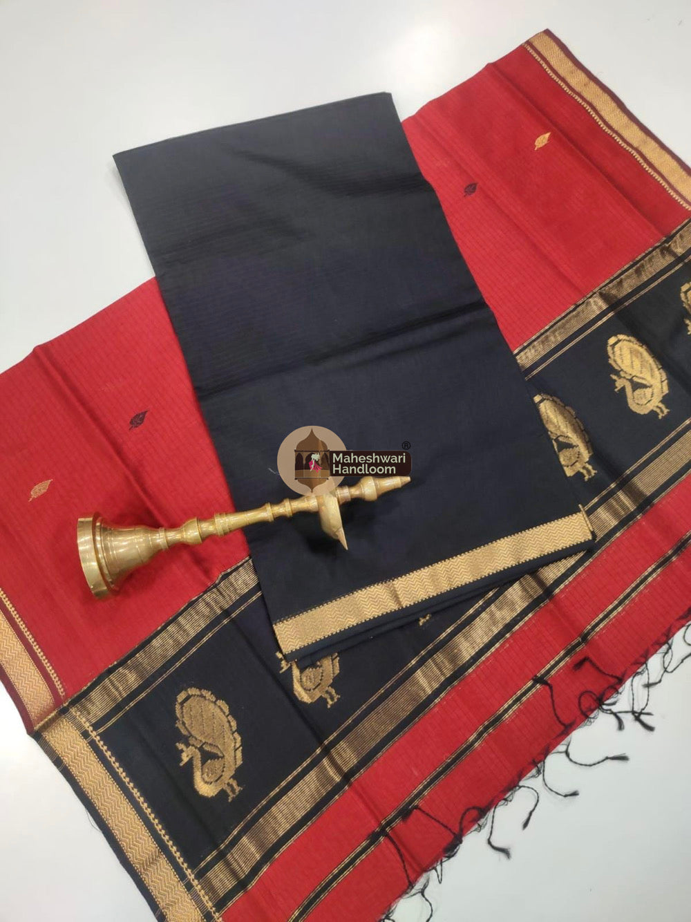 Black Red Maheshwari Butta Top Dupatta Suits