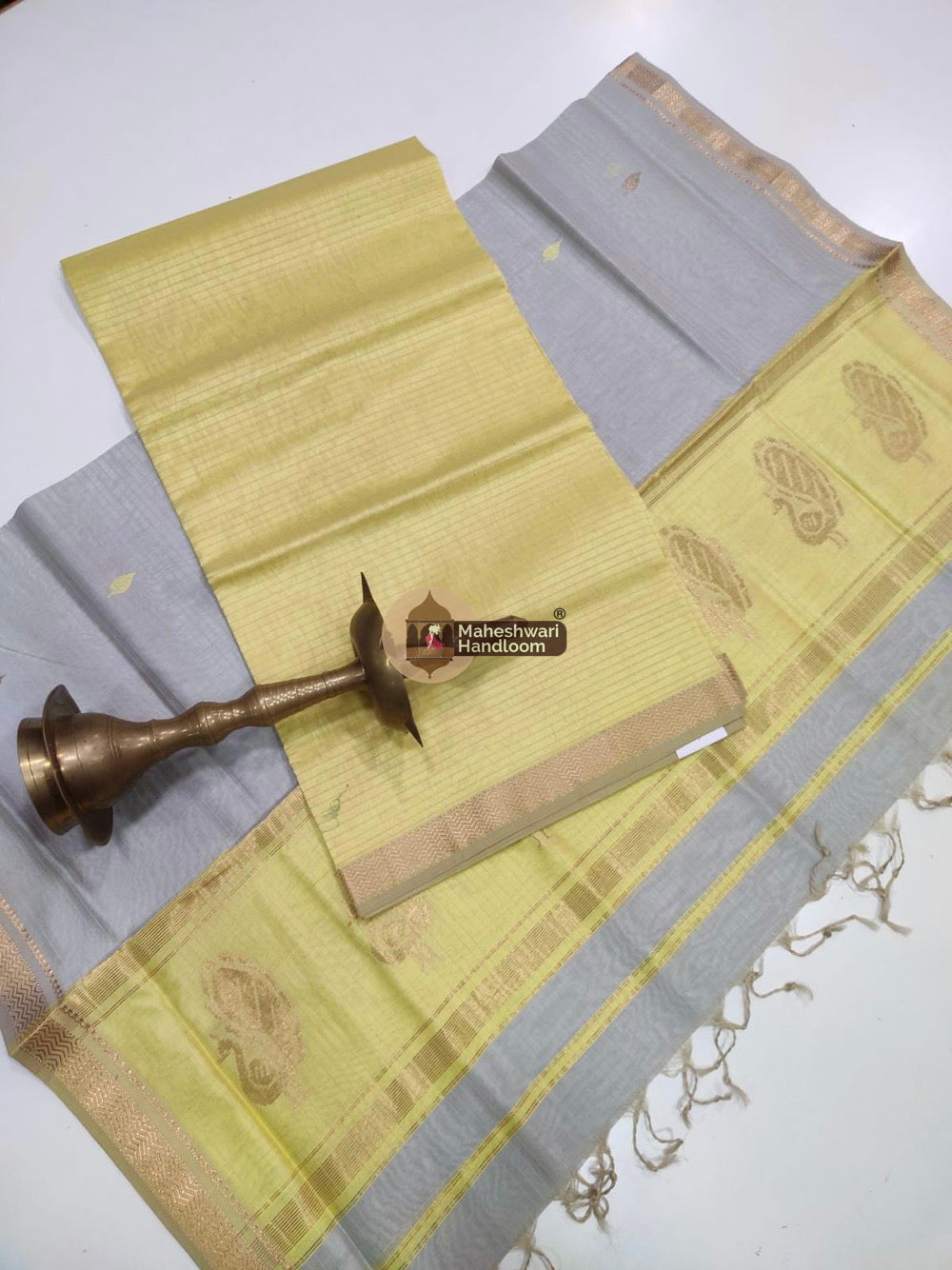 Beige Grey Maheshwari Butta Top Dupatta Suits