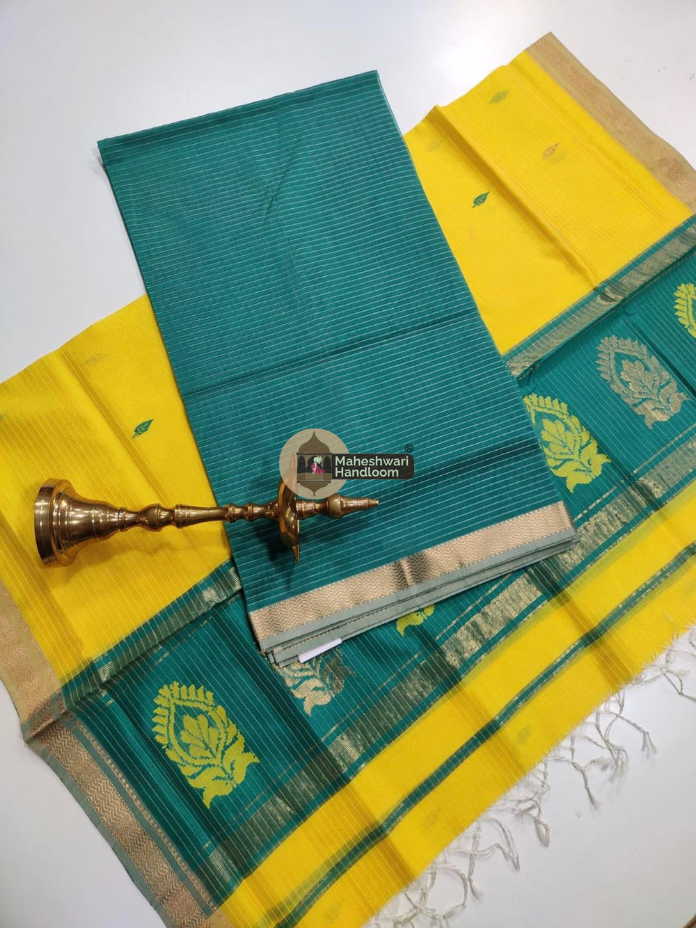 Green Yellow Maheshwari Butta Top Dupatta Suits 
