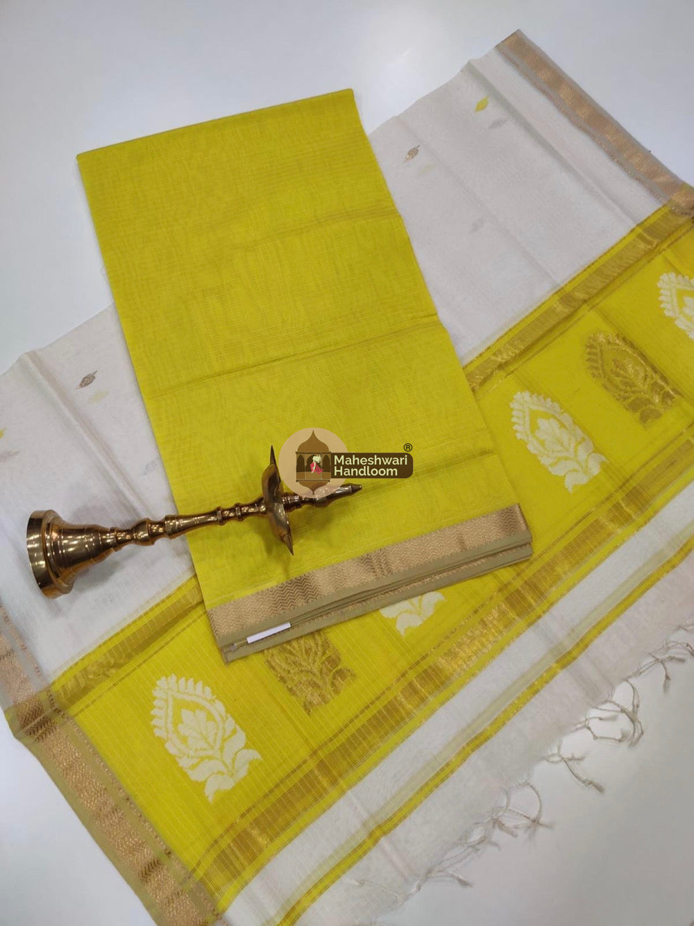 Lemon Yellow Maheshwari Butta Top Dupatta Suits