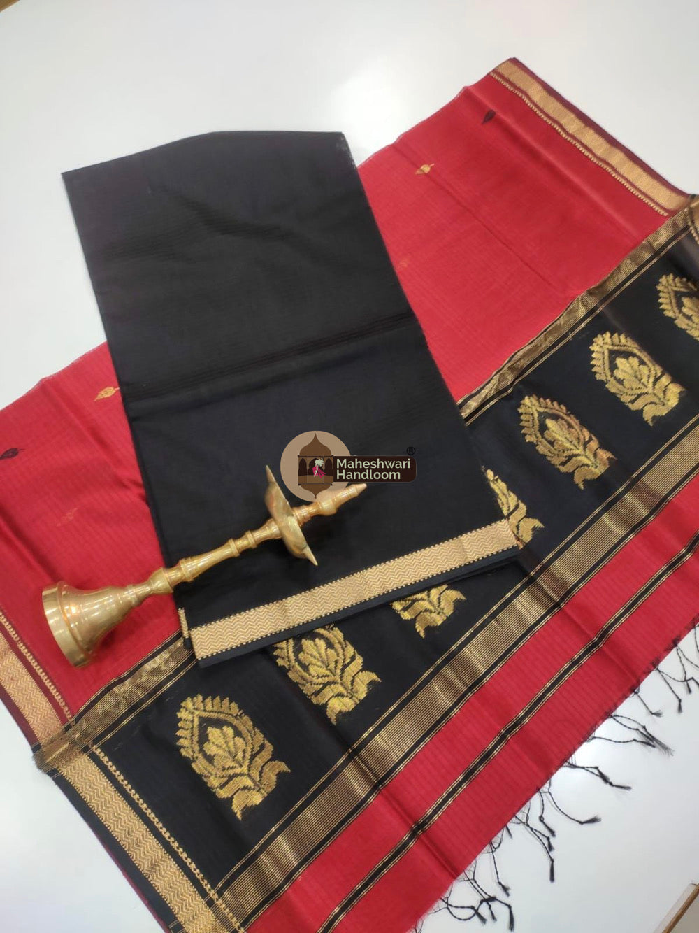 Black Red Maheshwari Butta Top Dupatta Suits