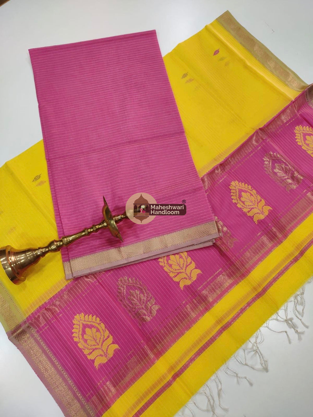Pink Yellow Maheshwari Butta Top Dupatta Suits 