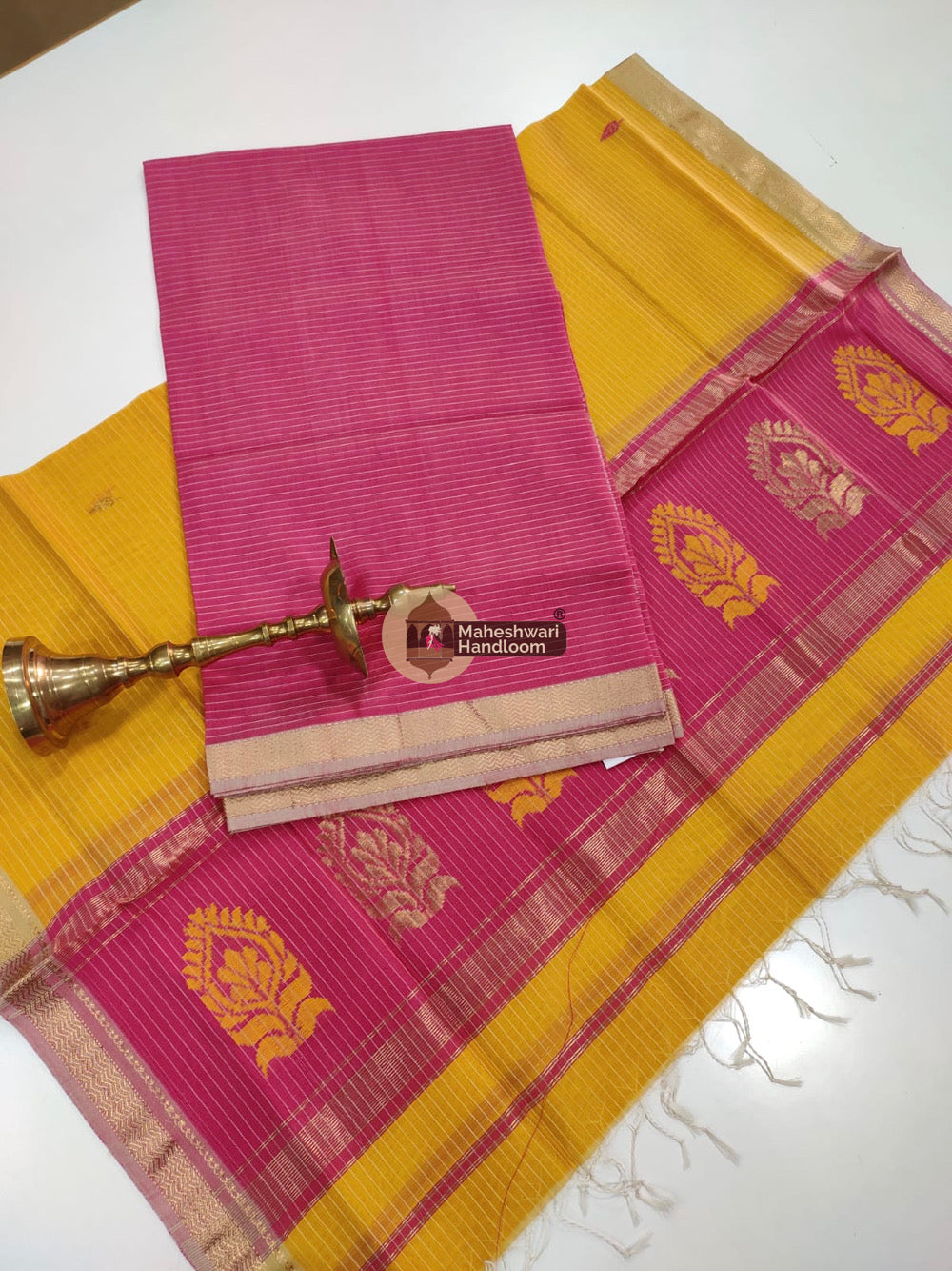 Pink Yellow Maheshwari Butta Top Dupatta Suits