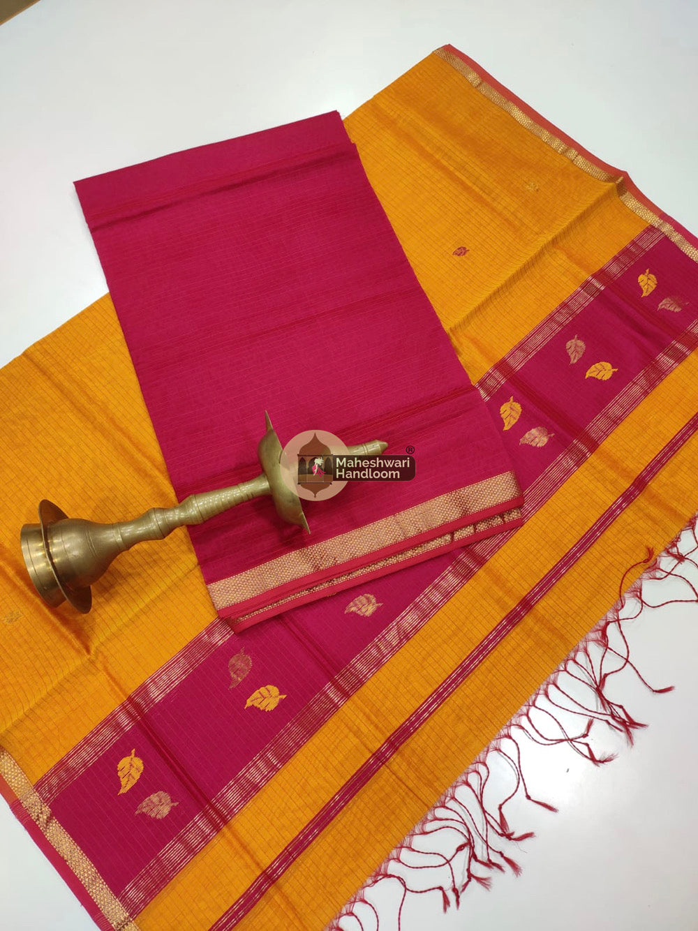 Pink Yellow Maheshwari Butta Top Dupatta 