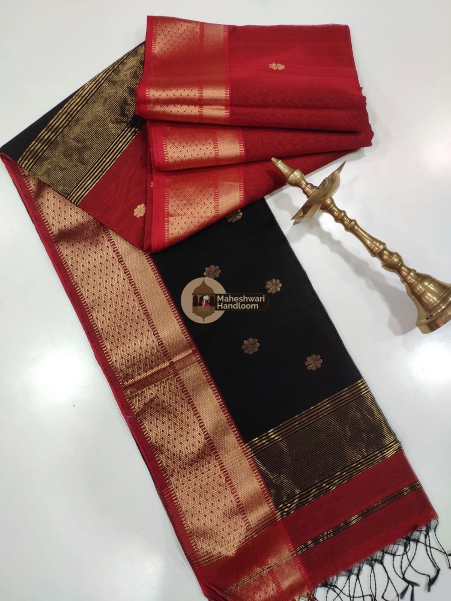 Maheshwari Black Red Zari Butti Saree