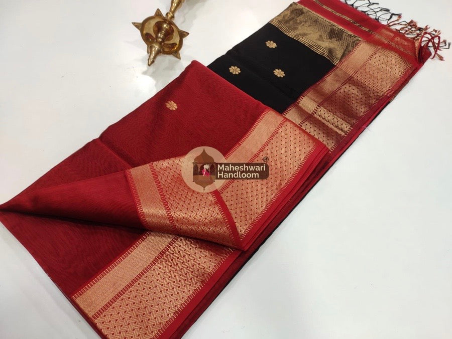 Maheshwari Black Red Zari Butti Saree