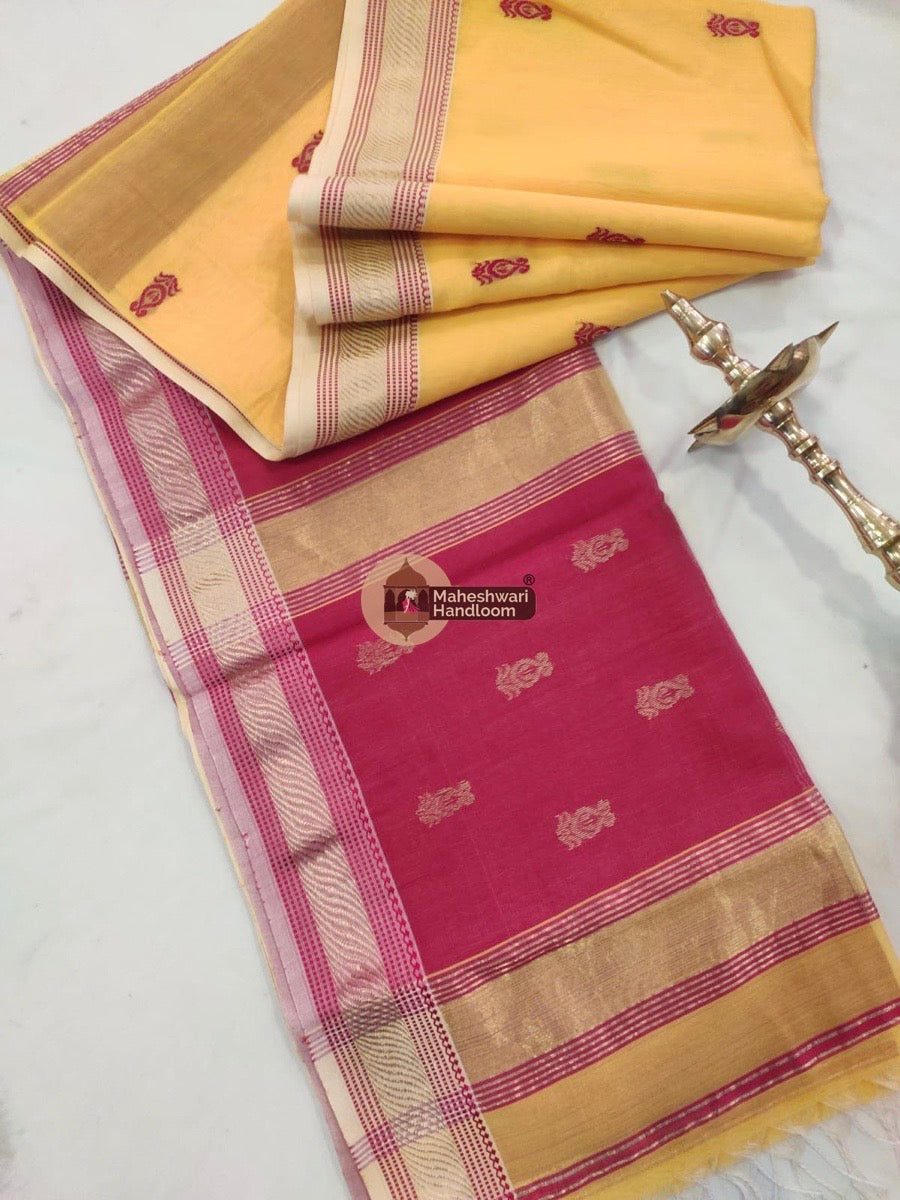 Maheshwari Yellow Pink Zari Butti Saree 