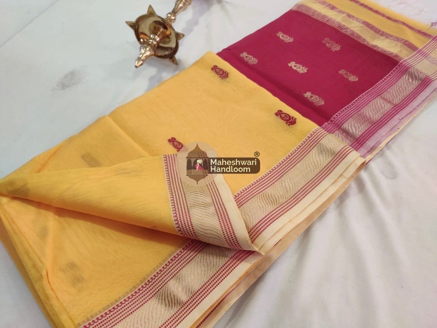Maheshwari Yellow Pink Zari Butti Saree 