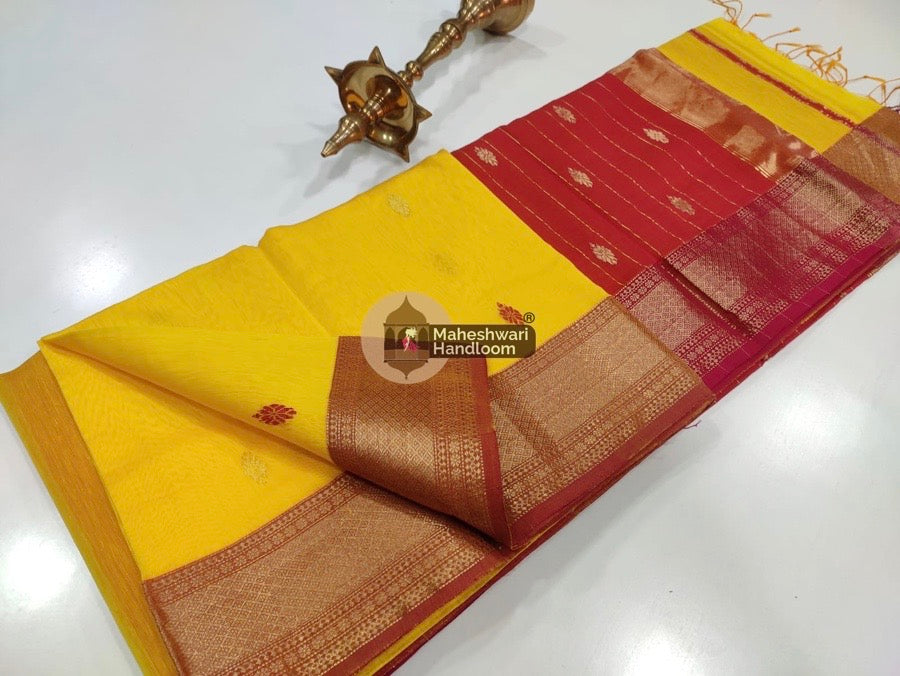 Maheshwari Yellow Zari Butti Saree