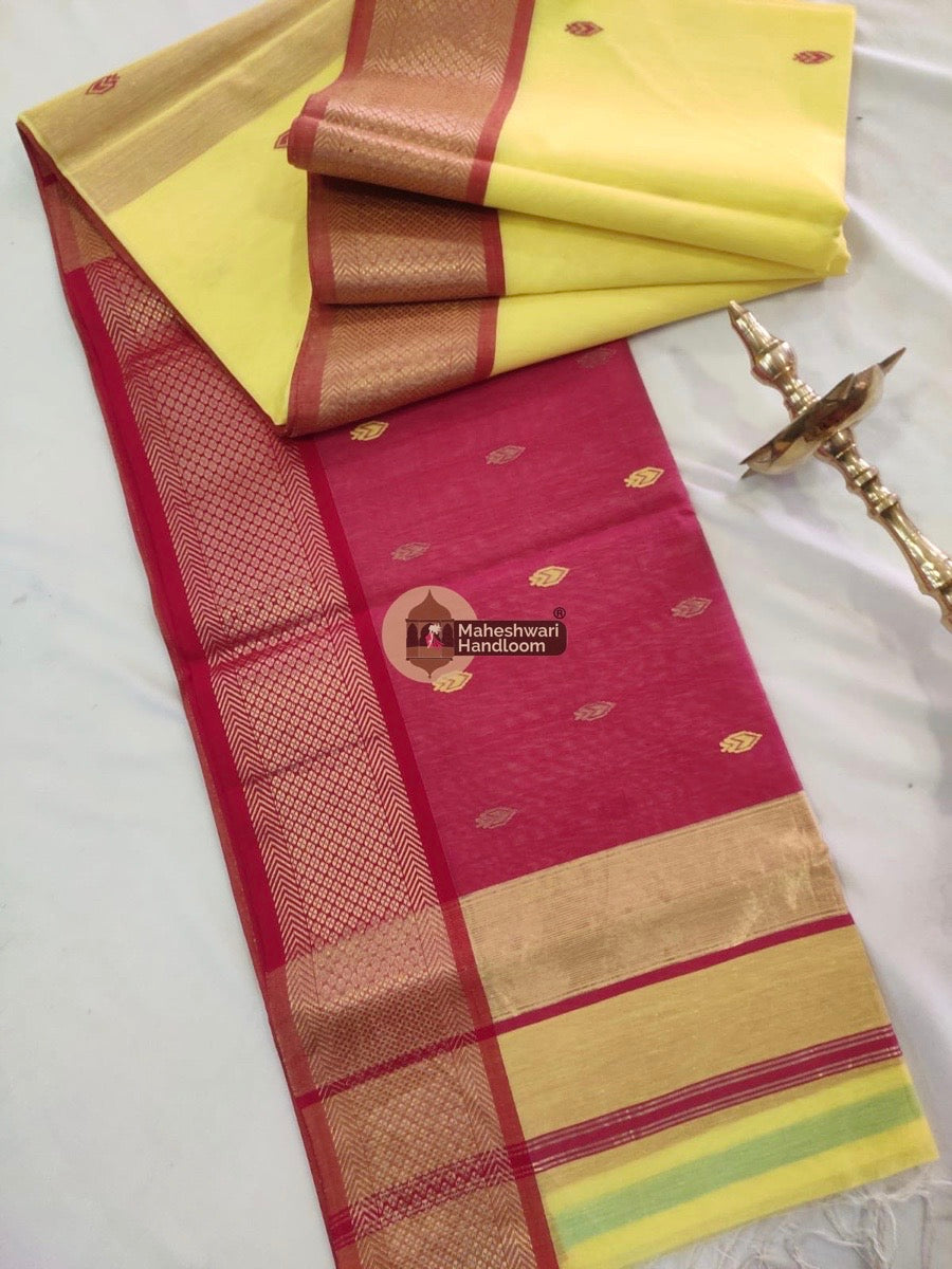 Maheshwari Lemon Yellow Zari Butti Saree 