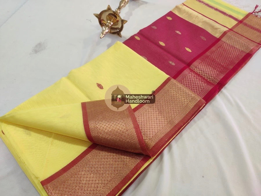 Maheshwari Lemon Yellow Zari Butti Saree 