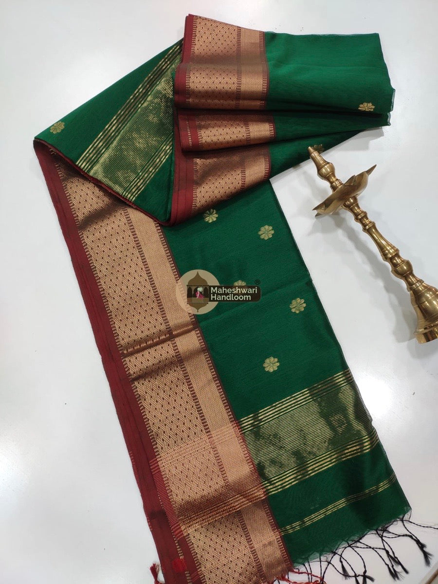 Maheshwari Dark Green Zari Butti Saree 