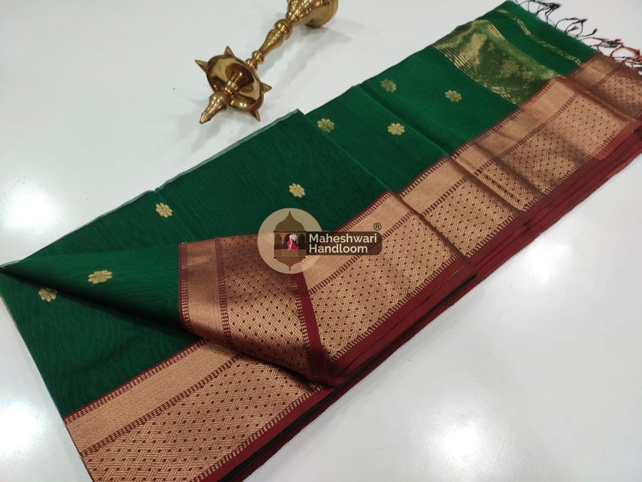 Maheshwari Dark Green Zari Butti Saree 