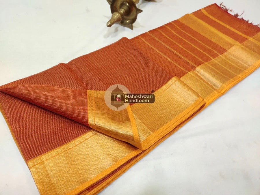 Orange Maheshwari Tissue Checks Saree