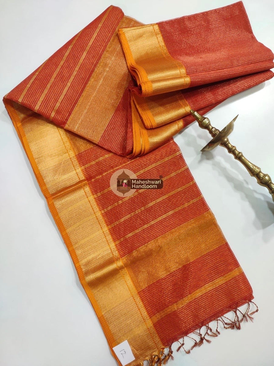 Orange Maheshwari Tissue Checks Saree