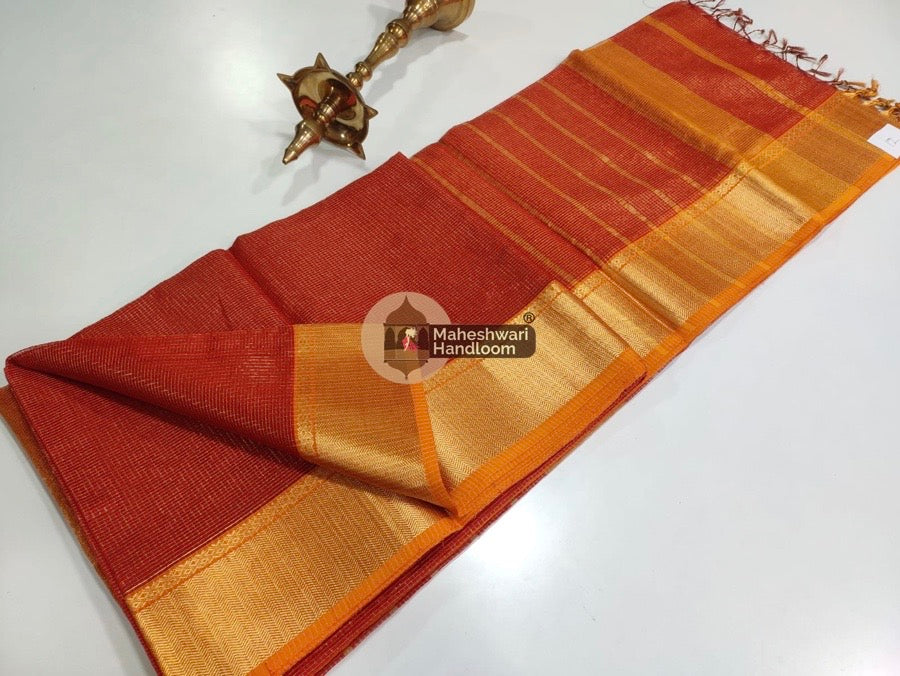 Red Maheshwari Tissue Checks Saree