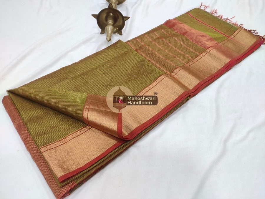 Mehendi Green Maheshwari Tissue Checks Saree 