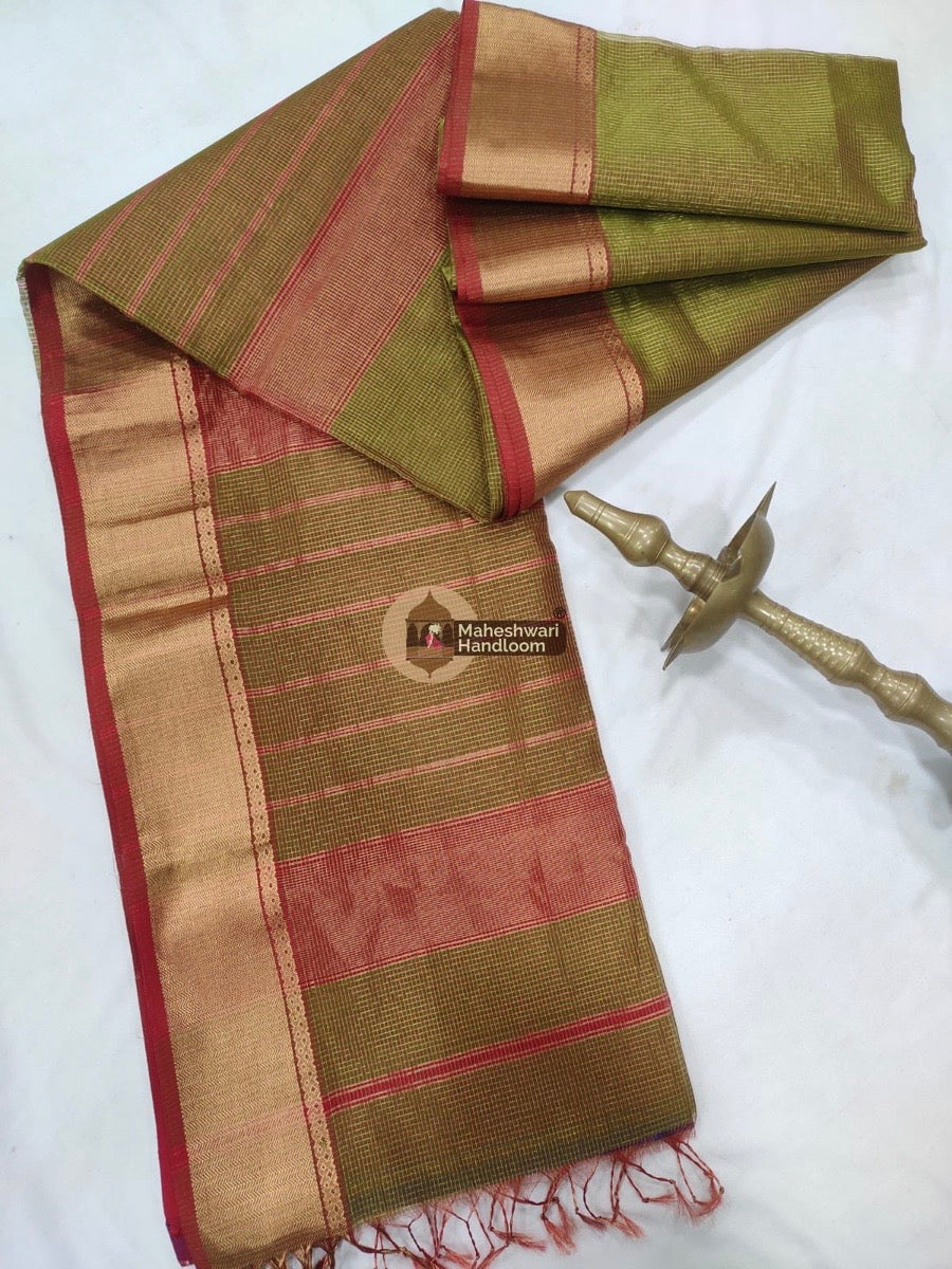 Mehendi Green Maheshwari Tissue Checks Saree 