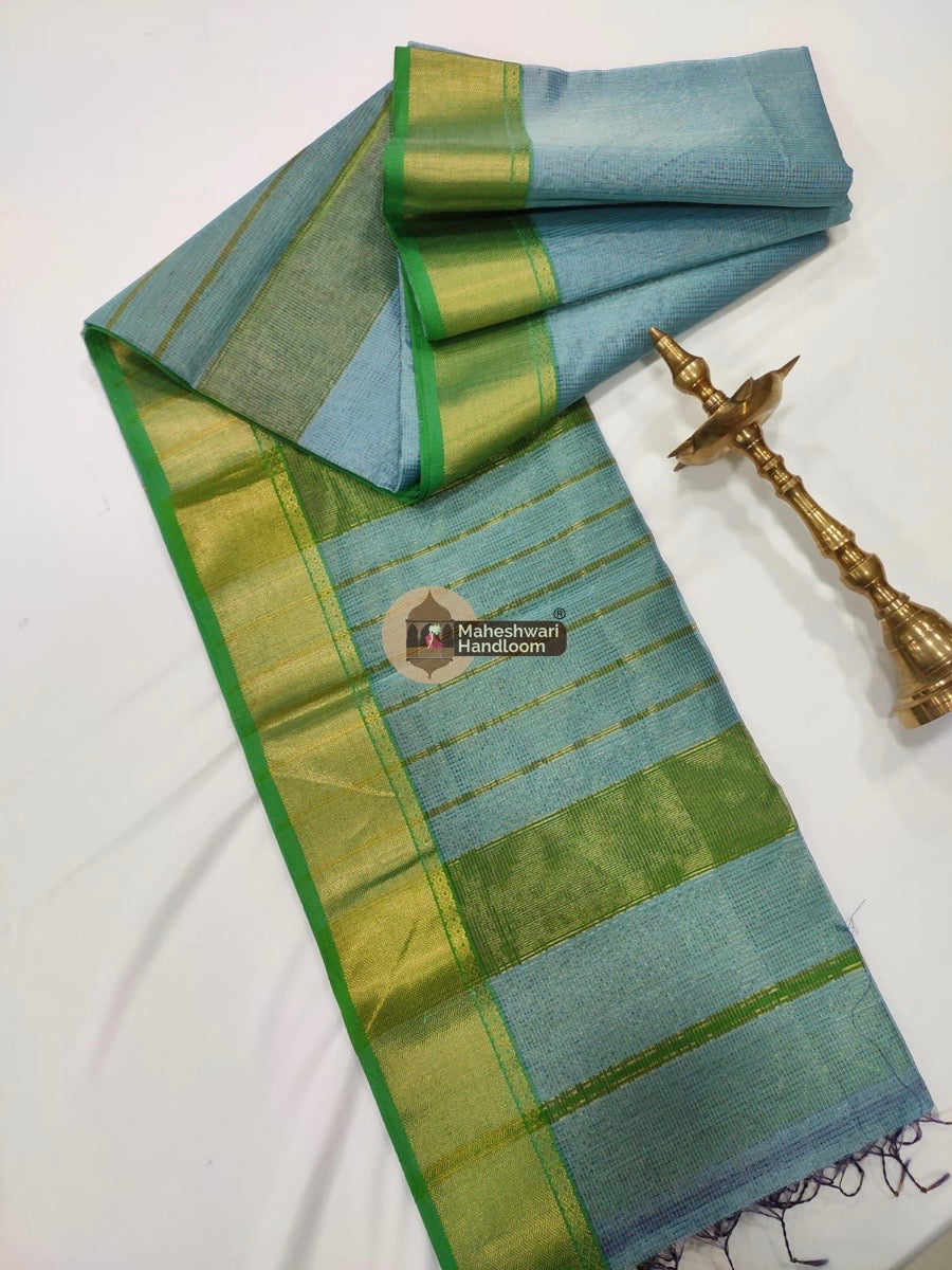 Sky Blue Maheshwari Tissue Checks Saree