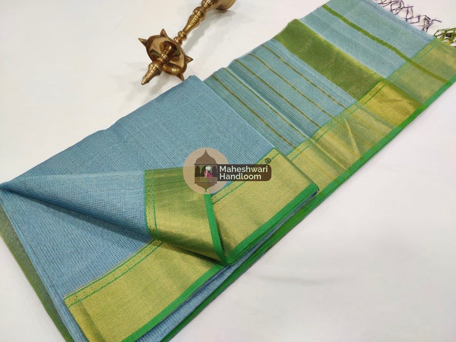 Sky Blue Maheshwari Tissue Checks Saree
