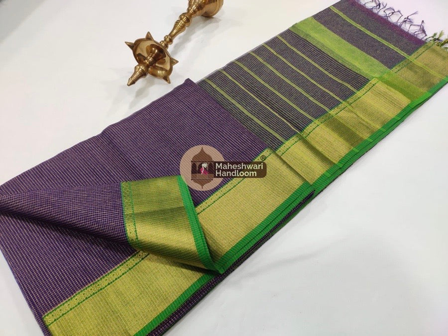 Purple Maheshwari Tissue Checks Saree with  Green border