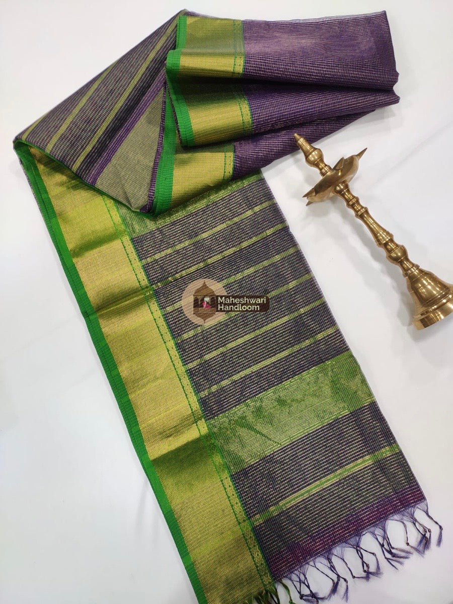 Purple Maheshwari Tissue Checks Saree with Green border
