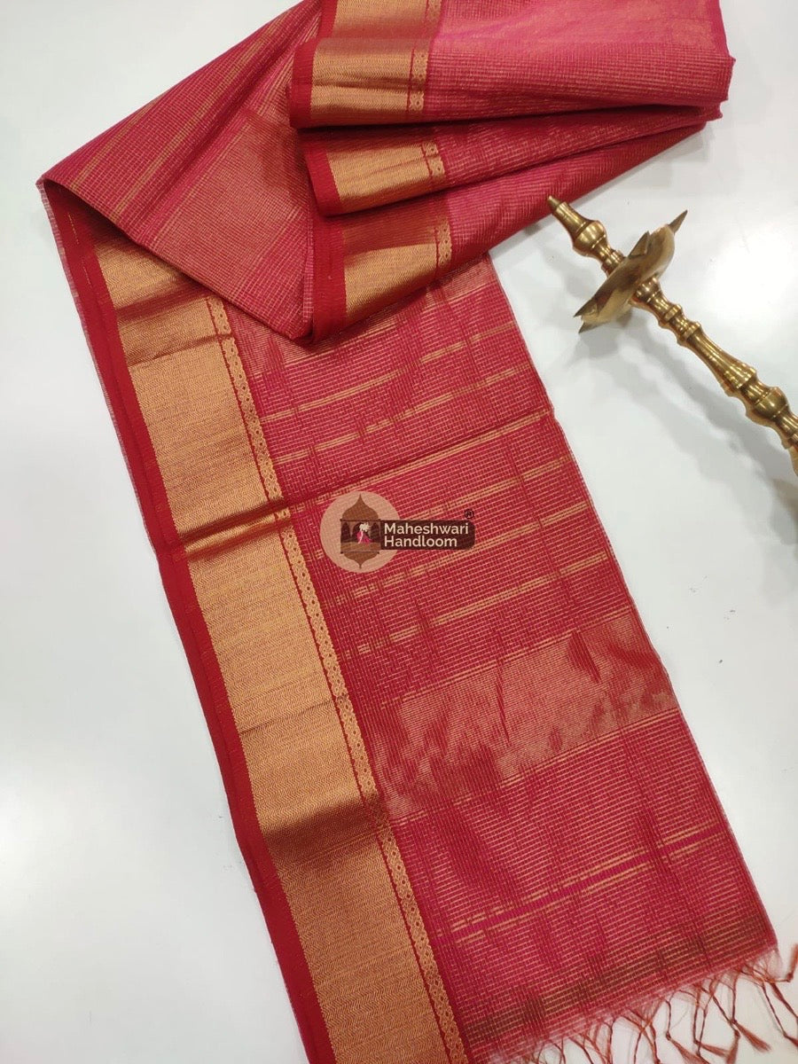 Red Maheshwari Tissue Checks Saree 