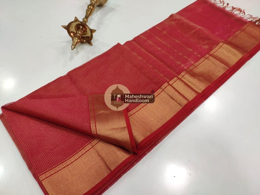 Red Maheshwari Tissue Checks Saree 