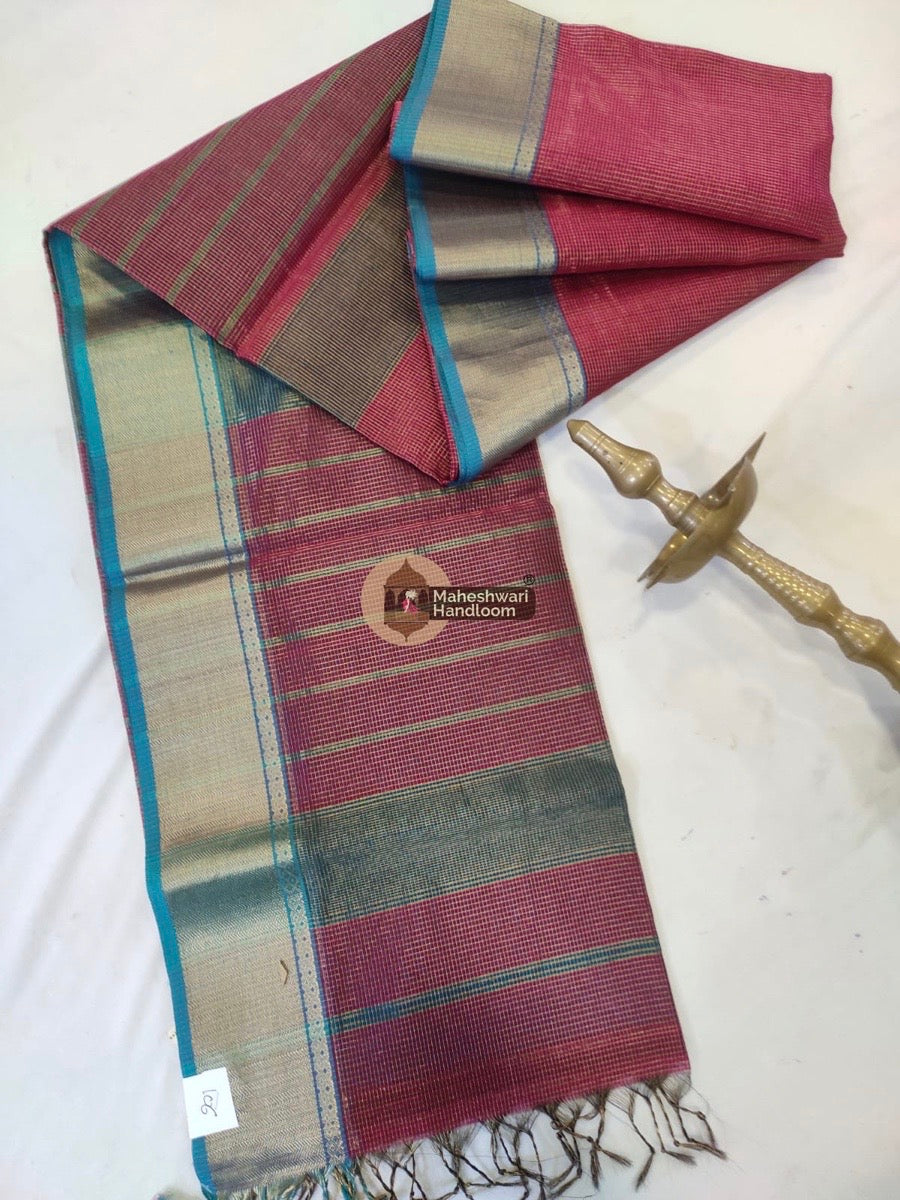 Pink Maheshwari Tissue Checks Saree