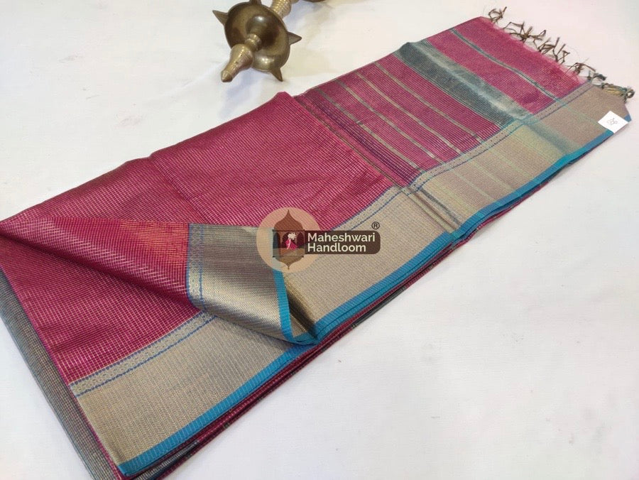 Pink Maheshwari Tissue Checks Saree
