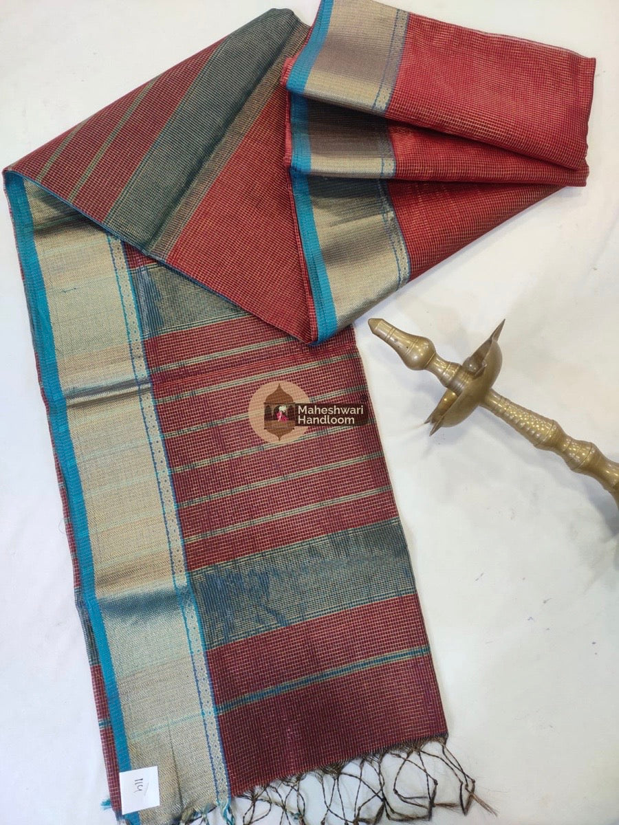 Red Maheshwari Tissue Checks Saree