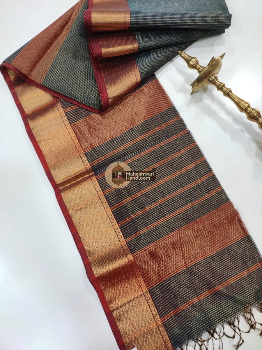 Grey Maheshwari Tissue Checks Saree