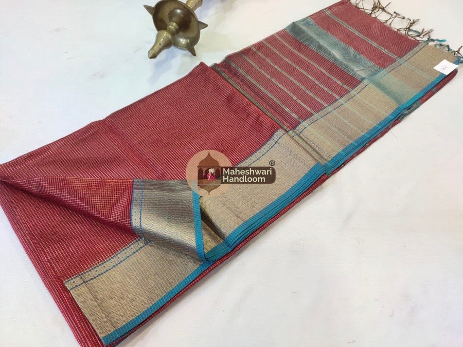 Red Maheshwari Tissue Checks Saree