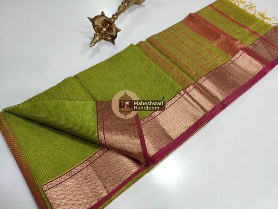 Green Maheshwari Tissue Checks Saree