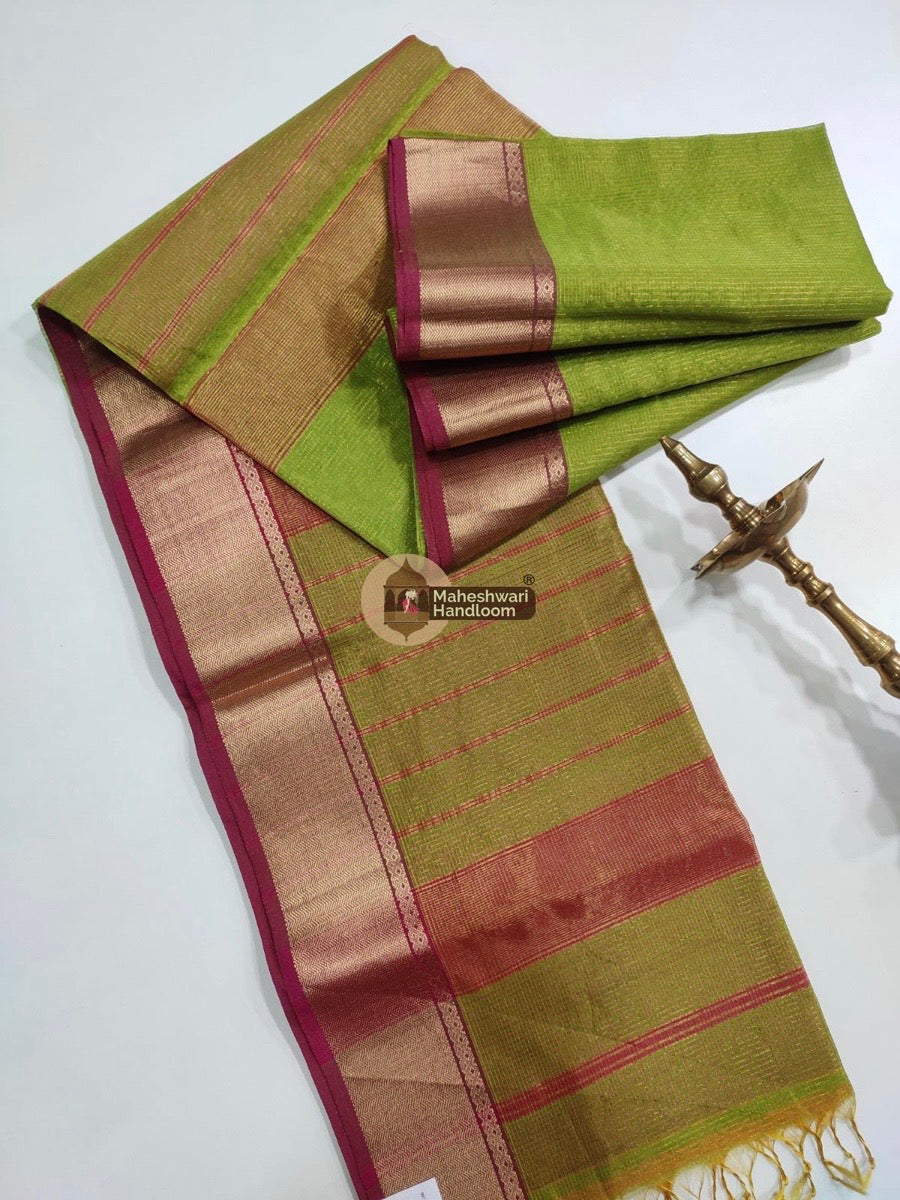 Green Maheshwari Tissue Checks Saree