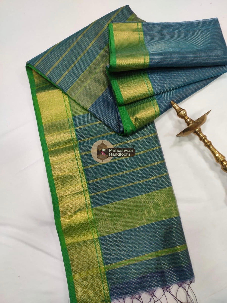 Blue Maheshwari Tissue Checks Saree 