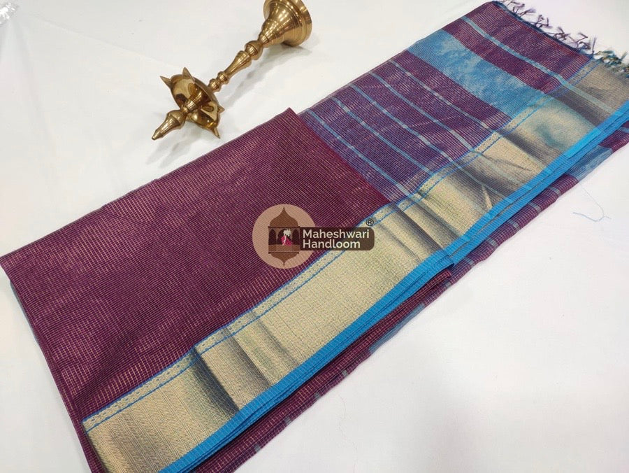 Maroon Maheshwari Tissue Checks Saree 