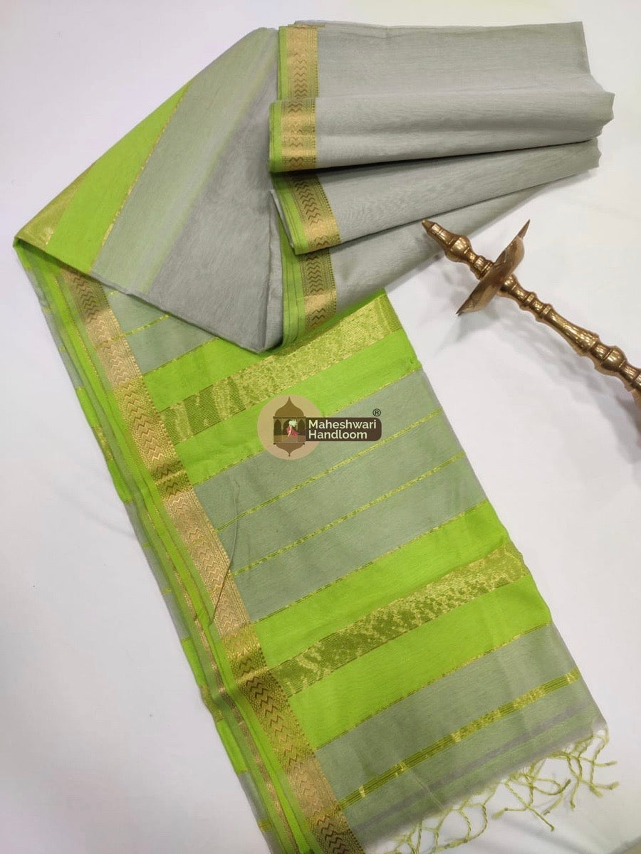 Green and gray saree with gold border Handwoven Silk saree 