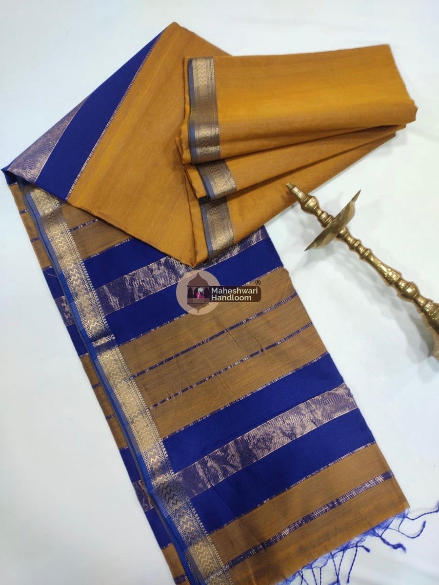 Maheshwari Dark Mustard Yellow Handwoven Rashta Border Saree