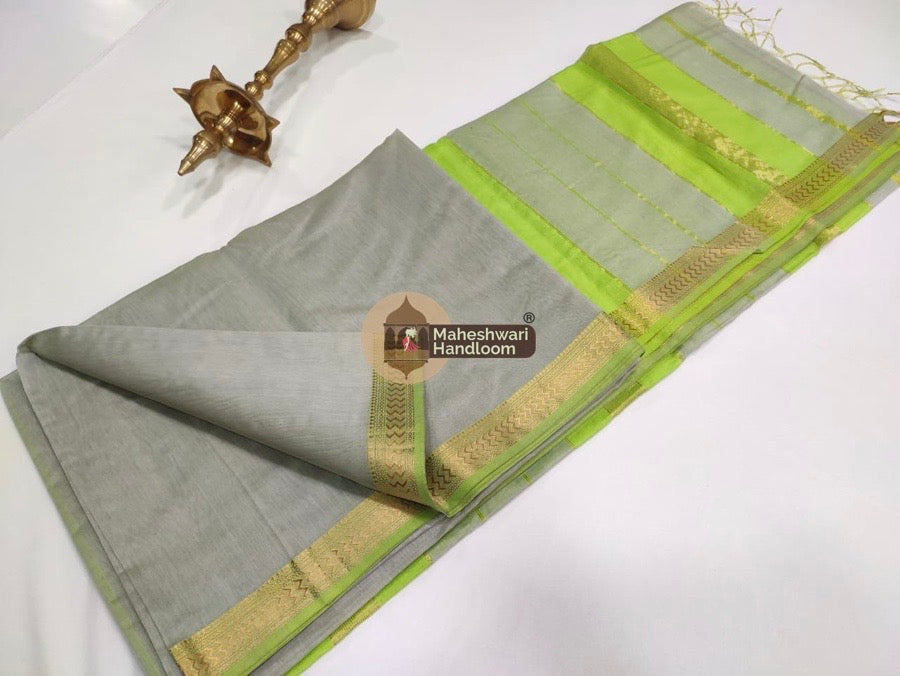 Maheshwari Grey Green Handwoven Rashta Border Saree
