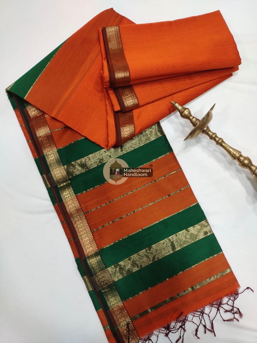 Maheshwari Orange Handwoven Rashta Border Saree 