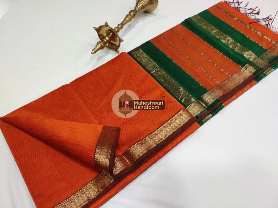 Maheshwari Orange Handwoven Rashta Border Saree 