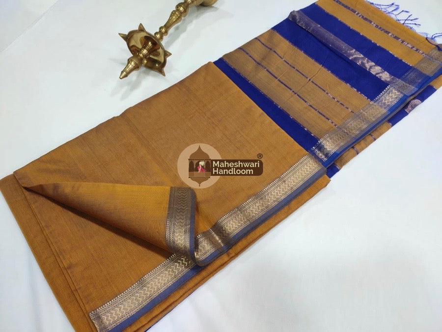 Maheshwari Dark Mustard Yellow Handwoven Rashta Border Saree