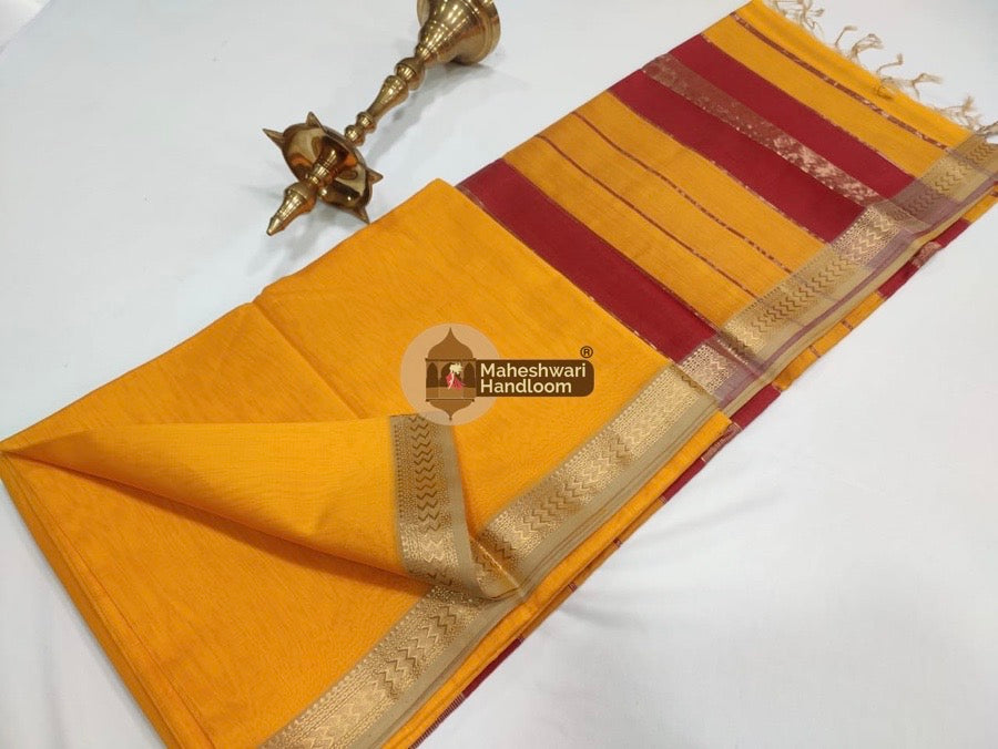 Maheshwari Yellow Handwoven Rashta Border Saree