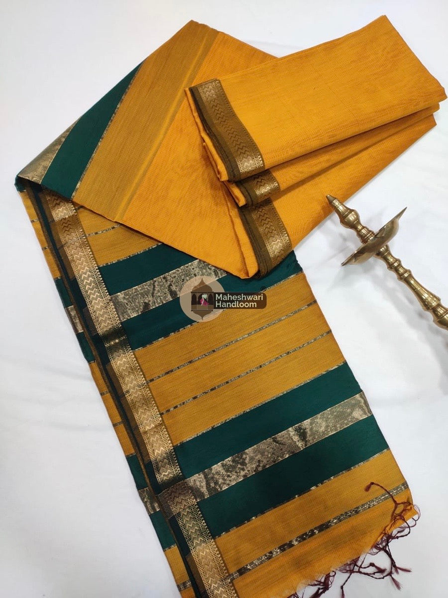 Maheshwari Mustard Yellow Handwoven Rashta Border Saree