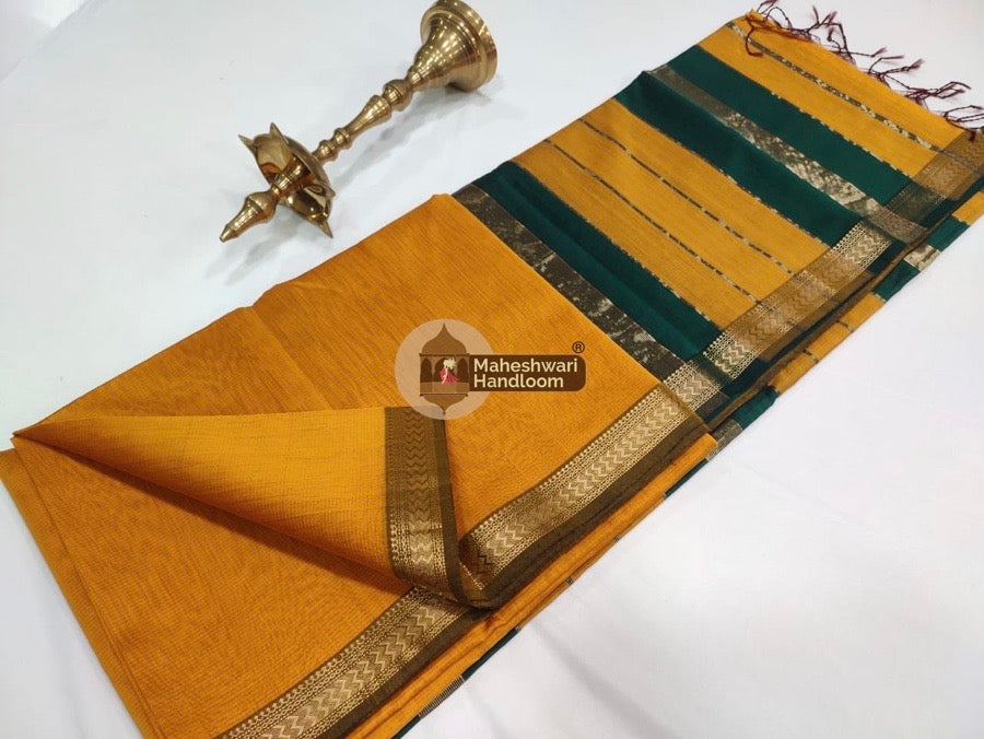 Maheshwari Mustard Yellow Handwoven Rashta Border Saree